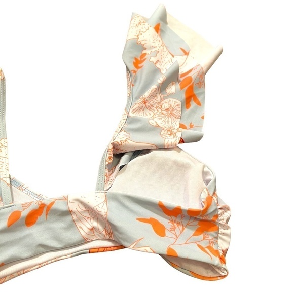 Bikini Top Light Blue White Orange Floral Birds Ruffle M - Picture 7 of 8